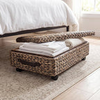 happimess BSK1006B 26.38" Chett Minimalist Hand-Woven Hyacinth/Wood Underbed Storage Bin with Wheels and Handles for Storage and Decoration in Bathroom, Bedroom,Closet,Entryway, Guest Room, Brown Wash