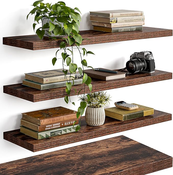 YUFLINX 23’’Rustic Brown Floating Shelves for Wall,Rustic Wood Shelf for Room Decor/Storage/Display,Small Bookshelf,Wall Mounted Hanging Shelves for Bedroom, Bathroom, Living Room, Kitchen,Set of 4