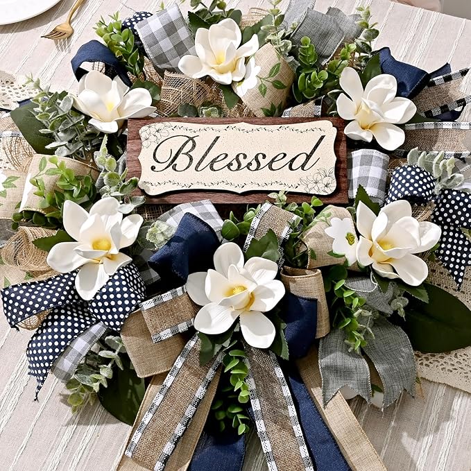 Waipfaru Spring Summer Wreaths for Front Door, 22 Inch Magnolia Wreath with Eucalyptus & Blue Grey Burlap Bow, Front Door Wreath for Farmhouse Porch Outdoor Decor Outside All Season (1 Pcs)