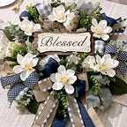 Waipfaru Magnolia Wreaths for Front Door, 22 Inch Spring Summer Wreath with Eucalyptus & Blue Grey Burlap Bow, Year Round Wreaths for Porch Farmhouse Patio Door Decor All Season (2 Pcs)