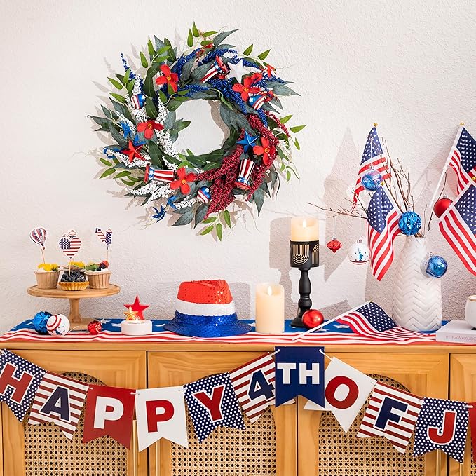 DecorbyHannah Patriotic Wreaths for Front Door, 22 inch 4th of July Wreath for Independence Day, Flag Day, Collapsible Red White Blue Wreath Decorations with Top Hat Ornament for USA 250th Holiday