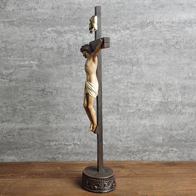 BC Catholic Crucifix Standing Cross, Jesus Christ tabletop Home Decor, Religious Gift, Wood Carve Looking, Realistic Finish, 10.9" H Hand Painted by Buildclassic