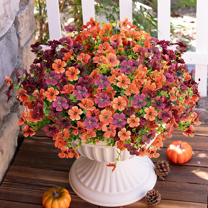 Artificial Faux Mums Flowers Plants for Outdoors Outside Fall Autumn Decoration,12 Bundles Realistic Fake Flowers Plant Greenery Silk Daisy UV Resistant Planters Porch Patio Garden（Orange Burgundy）