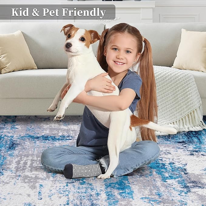 Ciicool Modern Abstract Rug for Living Room, 5'x7' Machine Washable Area Rug Non-Slip Rug, Low-Pile Contemporary Indoor Dining Floor Carpet for Bedroom Office Under Table Home Decor Grey Blue