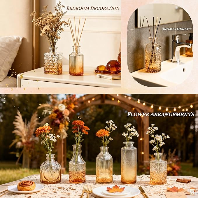 Der Rose Glass Bud Vases Set of 32 Small Amber Flower Vases for Rustic Wedding Centerpieces Table Decorations and Home Office Decor(Amber)