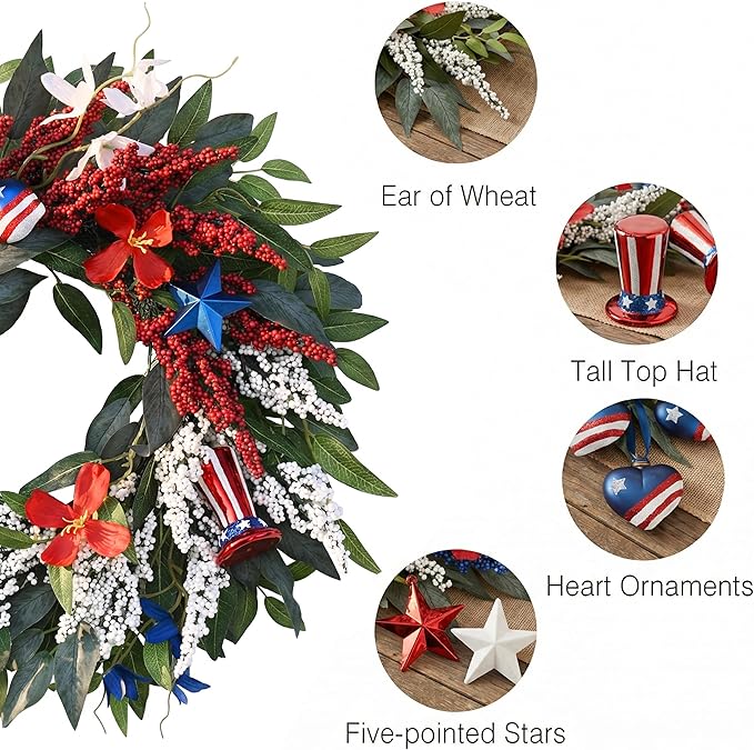 DecorbyHannah 4th of July Wreaths for Front Door, 18 inch Patriotic Wreath for Independence Day, Flag Day, Red White Blue Wreath Decorations with Top Hat Ornaments for Wall Porch USA 250th Holiday