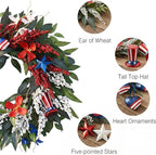 DecorbyHannah 4th of July Wreaths for Front Door, 18 inch Patriotic Wreath for Independence Day, Flag Day, Red White Blue Wreath Decorations with Top Hat Ornaments for Wall Porch USA 250th Holiday