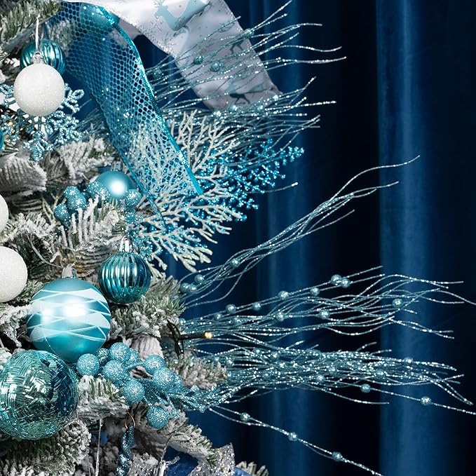 SLK 16-Pack Artificial Glitter Berry Stem Ornaments, Christmas Decorative Glittery Twigs, Picks, Branches for Tree, Wreath, Small Vase, Halloween Party (LightBlue)