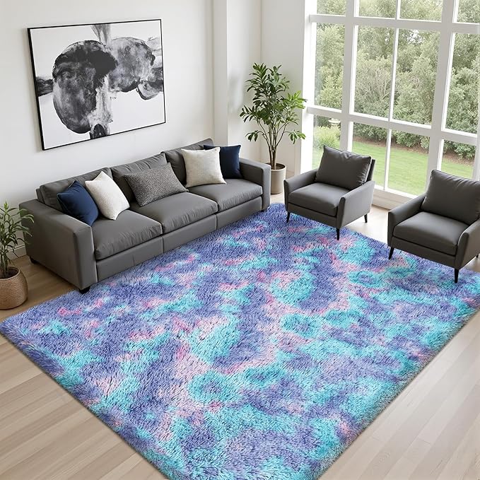 8x10 Area Rugs for Living Room Bedroom: Ultra Soft Fluffy Shag Rug Upgrade Non-Slip Non-Shedding Large Fuzzy Plush Carpet Indoor Floor Carpets for Kids Room Playroom Nursery Dorms Home Rainbow Purple