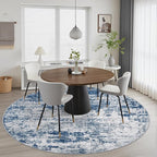 Round Area Rug for Living Room: 8 ft Washable Modern Abstract Soft Thin Rug Indoor Floor No Slip Stain Resistant Carpet for Bedroom Dining Room Farmhouse Nursery Home Office - Blue