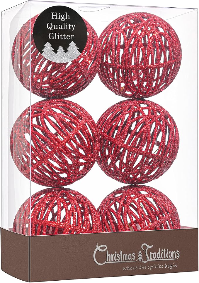 Christmas Traditions 4 inch Christmas Red Glittered Rattan Christmas Ball Ornaments Hanging Tree Decorations (Set of 6)(Christmas Red)