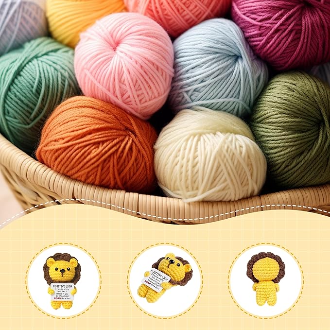 4 inch Positive Lion Handmade Knitted Wool Doll with Positive Card for Cheer Up Emotional Support Encouragement Friends