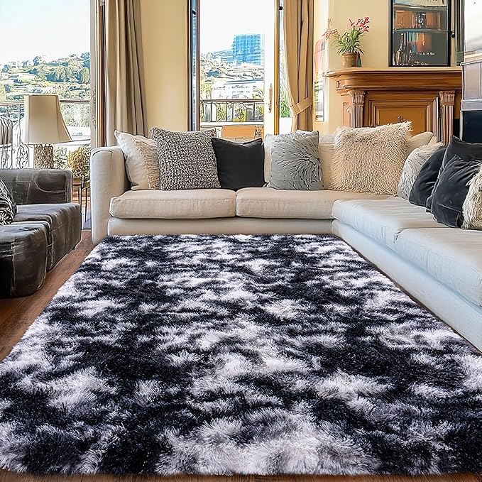 Black and White Rug for Bedroom, 4x6 Area Rug for Kids Room, Bedside Indoor Floor Fluffy Shag Carpet, Plush Soft Rug for Living Room Nursery Dorm Home Decor