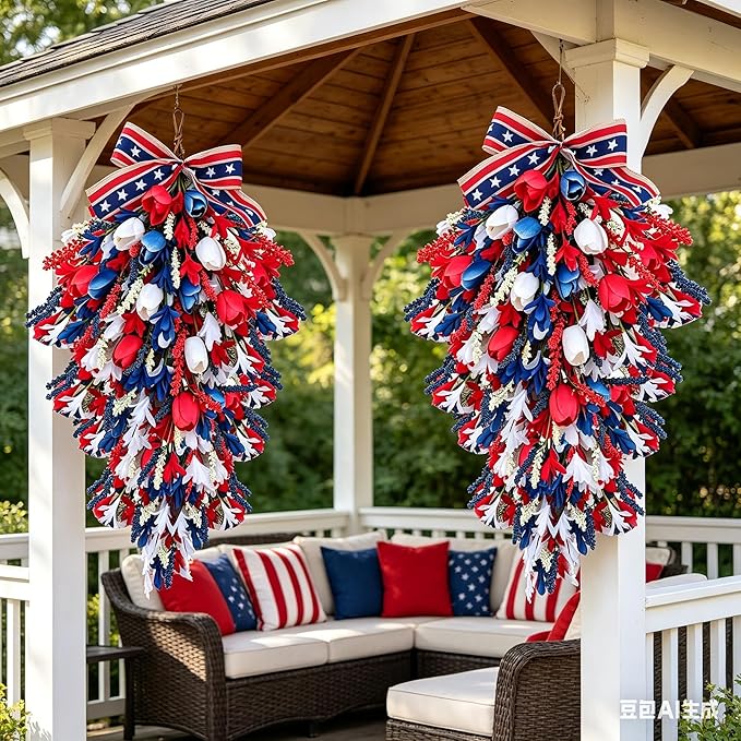 2 Pack 21'' Patriotic Teardrop Swag Wreaths for Cabinets Artificial 4th of July Swag Wreath with Red White Blue Tulips Floral and Berries for Independence Day Memorial Day Front Door Porch Window Wall