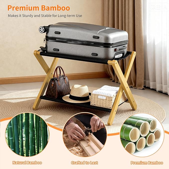 Heybly Luggage Rack, Folding Suitcase Stand with Storage Shelf, Heavy-Duty Luggage Holder for Guest Room Bedroom Hotel, Holds up to 165 lb, Natural, HLR010N1