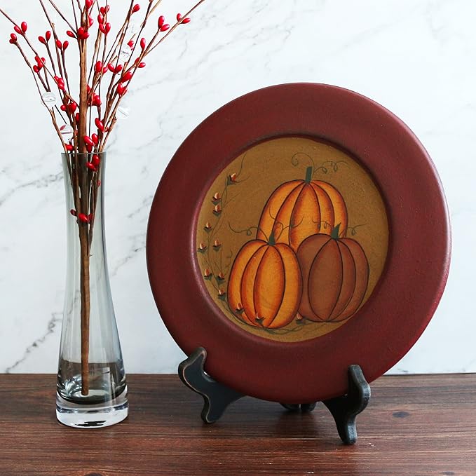 CVHOMEDECO. Primitive Antique Pumpkin Painted Wood Decorative Plate Halloween Display Wooden Plate Home Décor Art, 9-3/4 Inch
