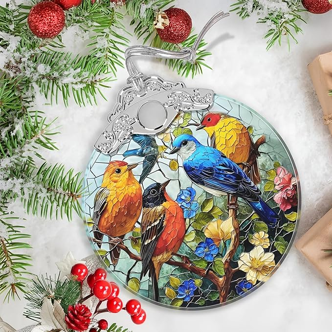 Birds on Branches Stained Glass Orament - Christmas Ornament - Christmas Decorations for Tree - Holiday Present ldeas - Gift Exchange