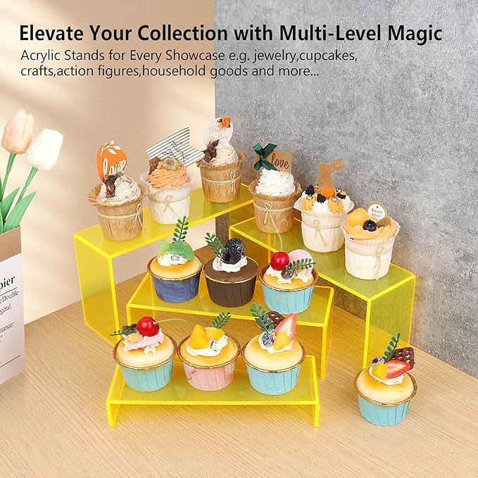 ELEGANTLIFE Acrylic Display Risers Set of 4, 4-Level Tiered Display Stands for Cupcakes, Small Figures & Jewelry, Compact Countertop Display Shelf, Multiple Colors Available (Light Yellow (Translucent))