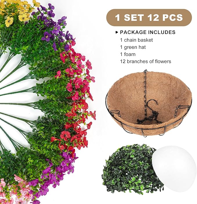 Artificial Faux Hanging Plants Flowers Basket for Outdoors Spring Summer Decoration,Hanging Planters with Fake Silk Flowers UV Resistant Realistic for Outside Porch Patio Balcony Garden （6 Multicolor）