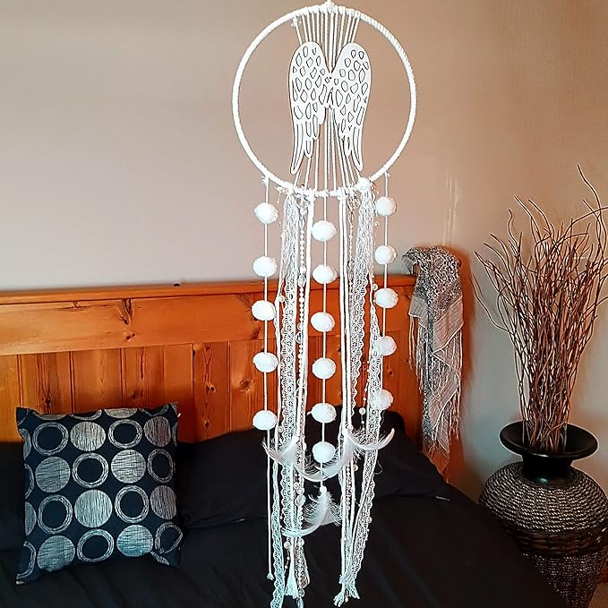 Angel Wings Dream Catchers, White Boho Cottagecore Decor, Wall Hanging Meditation Gifts, Hippie Zen Spiritual Yoga Decor for Bedroom or Nursery