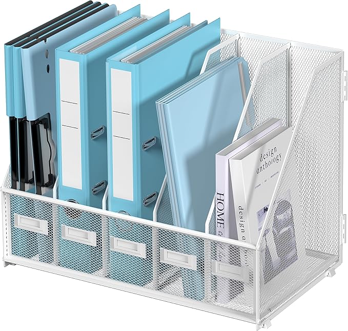 SUPEASY Desk Organizers Metal Desk Magazine File Holder with 5 Vertical Compartments Rack File Organizer for Office Desktop, Classroom, Home Workspace, White Plus