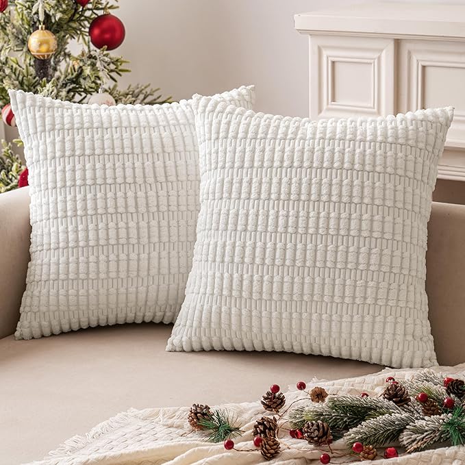 MIULEE Pack of 2 Corduroy Decorative Throw Pillow Covers 16x16 Inch Soft Boho Striped Pillow Covers Modern Farmhouse Home Decor for Sofa Living Room Couch Bed Pure White
