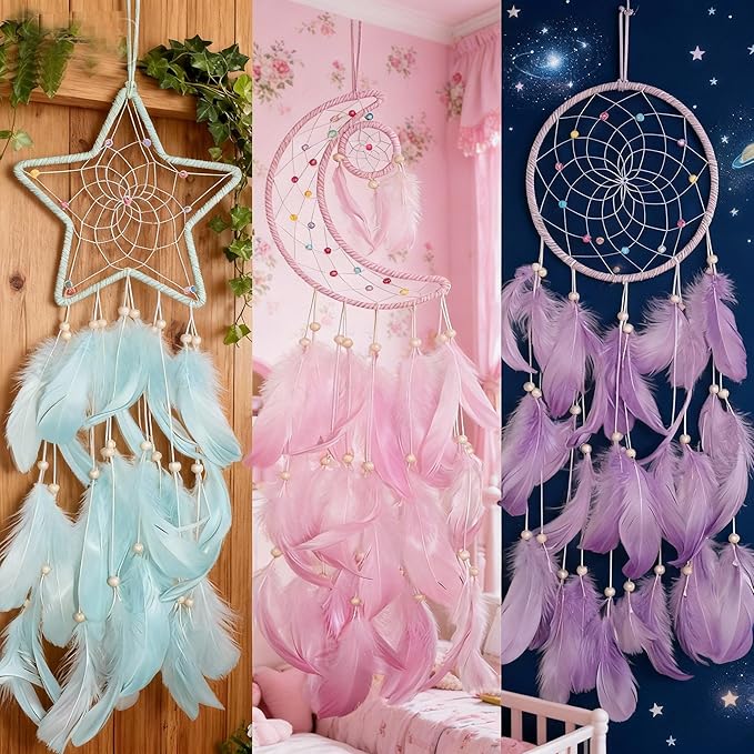 3PCS/LOT Star Moon Sun Shape Dream Catcher Home Decoration, and Baby Kids Room Accessory - Dream Catcher with Feather Decoration - Unique Home Craft Wall Pendant (Mix Color)