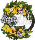 Valery Madelyn 24‘’ Collapsible Pre-lit Spring Summer Lemon Wreath for Front Door, Lighted Yellow Sunflower Wreaths with Hello Sign & Ribbon, Farmhouse Home Porch Wall Kitchen Amalfi Coast Decor