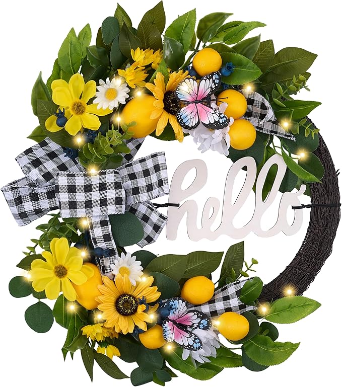 Valery Madelyn 24‘’ Collapsible Pre-lit Spring Summer Lemon Wreath for Front Door, Lighted Yellow Sunflower Wreaths with Hello Sign & Ribbon, Farmhouse Home Porch Wall Kitchen Amalfi Coast Decor
