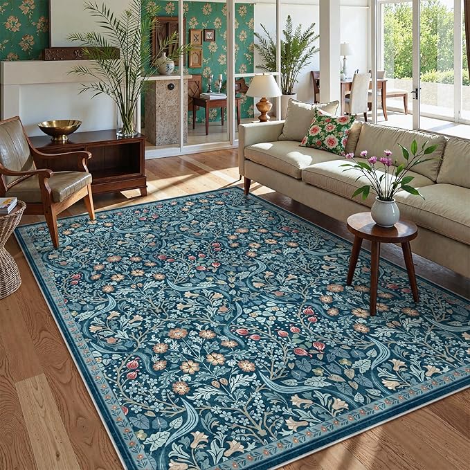 Moynesa Floral Washable 8x10 Rug, Large Area Rugs for Living Room, Soft 8 x 10 Boho Bedroom Rugs, Non Slip Botanical Ultra Thin Floor Carpet for Dining Room Nursery, Teal
