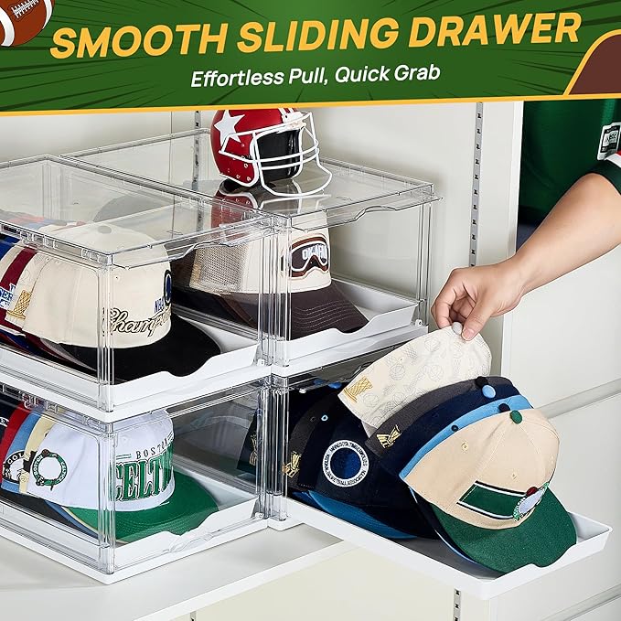 Vtopmart 2 Pack Hat Organizer for Baseball Caps, Clear Hats Holder Box with Drawer, Large Cap Storage with Sliding Tray, Stackable Rack Display Case with Magnetic Door, Each Holds 12 Hats