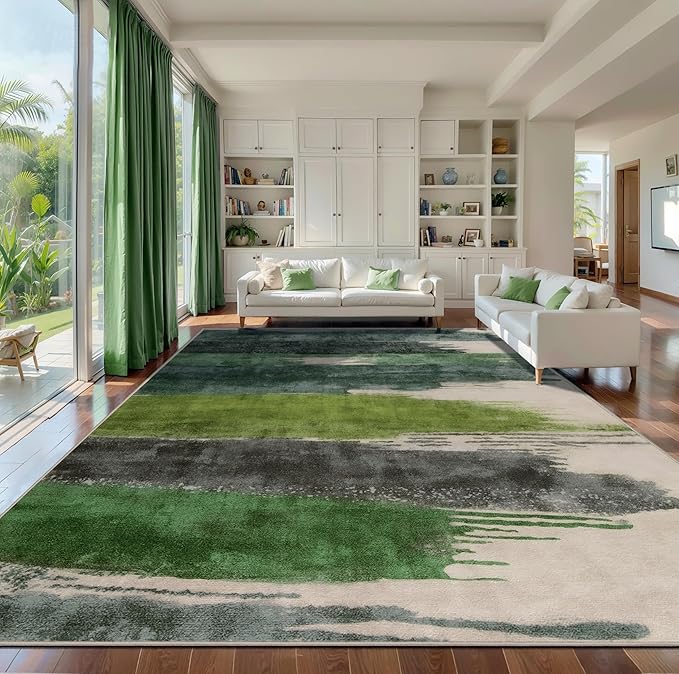 Ciicool Modern Abstract Green Rug for Living Room, 10'x14' Machine Washable Area Rug Non-Slip Rug, Low-Pile Contemporary Indoor Dining Floor Carpet for Bedroom Office Under Table Home Decor
