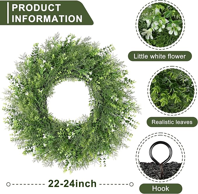 24 Inch Summer Wreaths for Front Door Wreath Spring Outdoor Green Door Wreath for All Seasons Porch Living Room Bedroom Window Wall Indoor Outdoor Farmhouse Home Decoration