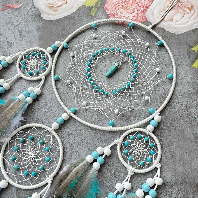 Large Dream Catchers,Boho Handmade Woven Turquoise Dream Catcher Wall Hanging Ornament for Bedroom Living Room Apartment Wedding Party Decor, Festival Blessing Gift (White+Turquoise)