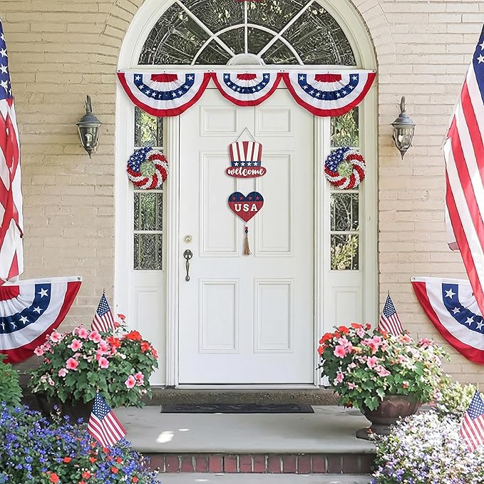 Valery Madelyn 4th of July Wreath, Patriotic Wreath for Front Door, Red White and Blue Top Hat and Heart Wall Signs for Memorial Day Independence Day USA 250th Anniversary, 28 inch