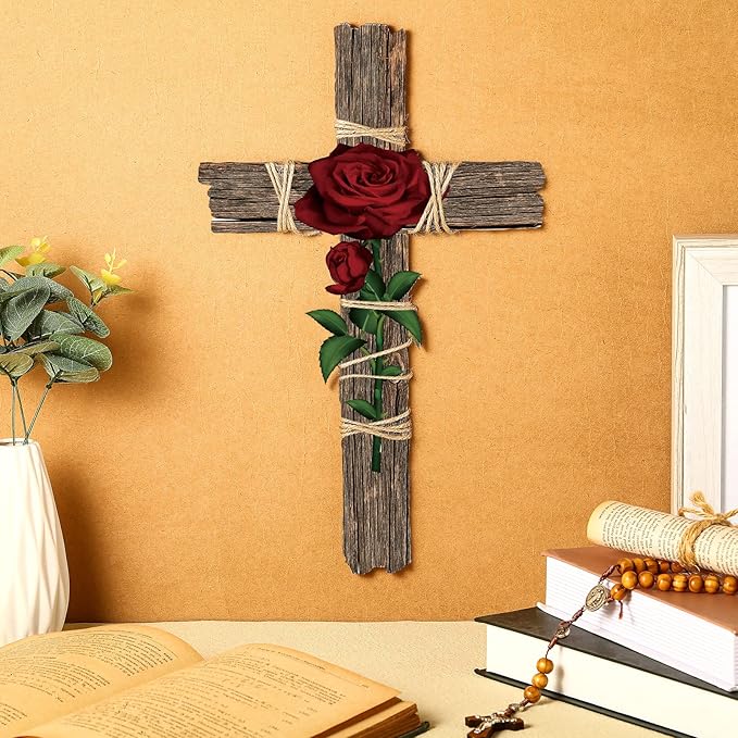 Chunful Wood Wall Cross with Hemp Rope Rose Wooden Wall Mounted Holy Cross Art Religious Home Living Room Decor Accessory for Home Decoration and Gifts