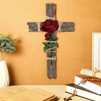 Chunful Wood Wall Cross with Hemp Rope Rose Wooden Wall Mounted Holy Cross Art Religious Home Living Room Decor Accessory for Home Decoration and Gifts