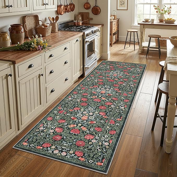 GarveeHome Green Vintage Floral 2x6 Runner Rug Washable Kitchen Rugs Non Slip Boho Long Rug for Hallways Bedroom Entryway Bathroom Mat with Rubber Back