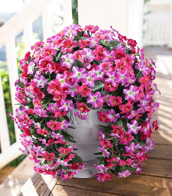 HyeFlora Artificial Flowers for Outdoors, 2pcs Faux Hanging Morning Glory Silk Fake Flowers Lifelike Artificial Plants UV Resistant Flowers for Outside Planter Patio Garden Porch Decor (Fuchsia)