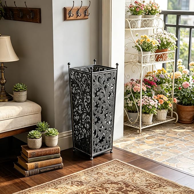 Vintage Metal Distressed Black Umbrella Holder 20"H Square Umbrella Stands with Removable Drip Tray Entryway Organizer Bucket for Foyer/Porch - Holds Multiple Umbrellas, Walking Sticks & Canes