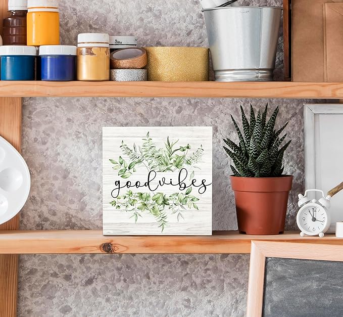 SRADMO Inspirational Botanical Eucalyptus Leaves Wood Box Sign Desk Decor, Green Rustic Eucalyptus Leaves Wooden Block Box Sign Decor for Home Office Shelf Table Decorative Accessories