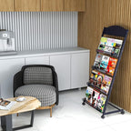 Brochure Display Stand 4 Layer Floor-Standing Magazine Rack Literature Newspaper Catalog Display Holder with Wheels and Top Billboard for Exhibitions,School, Hotel, Hospitals, Offices (Black)