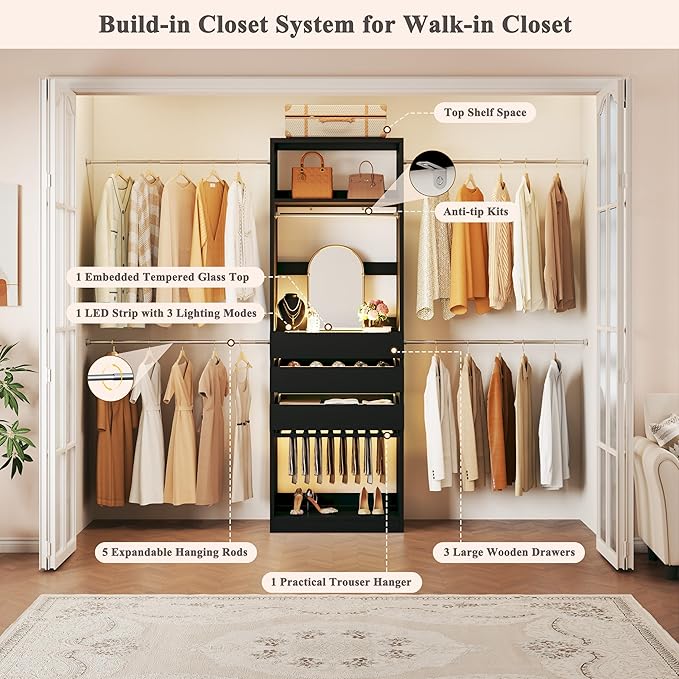 Closet System, 4-8FT Closet Organizer with 3 Wood Drawers & Glass Top, 102'' Walk in Closet with 5 Hang Rods & LED Lights & Trouser Rack, Built-in Wardrobe Clothes Rack with Shelves and Tower, Black