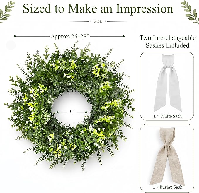 26 Inch Large Artificial Boxwood Wreath for Front Door All Season, Summer Wreaths with 2 Sashes, Baby's Breath, Eucalyptus and Flower Buds, Farmhouse Greenery Decor for Outdoor, Porch, Home