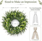 26 Inch Large Artificial Boxwood Wreath for Front Door All Season, Summer Wreaths with 2 Sashes, Baby's Breath, Eucalyptus and Flower Buds, Farmhouse Greenery Decor for Outdoor, Porch, Home