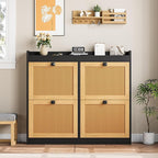 GarveeHome Shoe Cabinet Rattan with 4 Flip Drawers, Wooden Freestanding Shoe Organizer with Adjustable Shelves, Shoe Storage for Entryway, Closet, Hallway