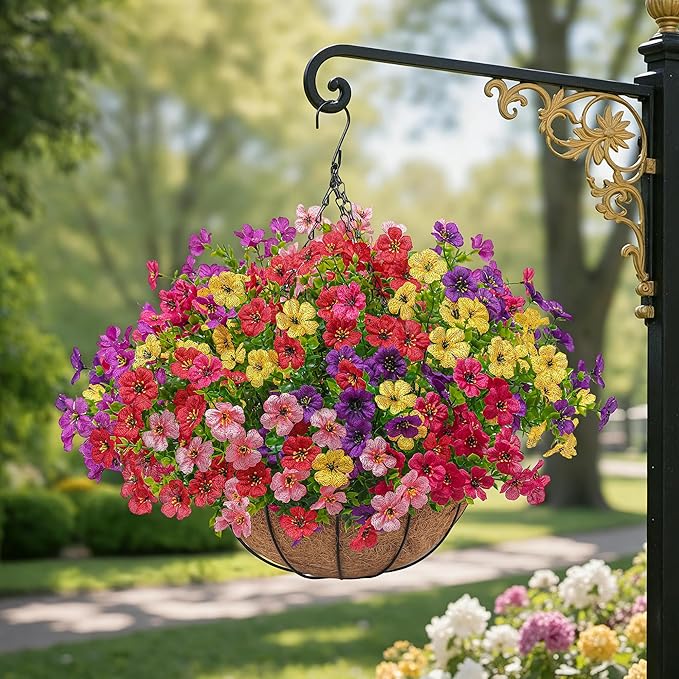 Artificial Faux Hanging Plants Flowers Basket for Outdoors Spring Summer Decoration,Hanging Planters with Fake Silk Flowers UV Resistant Realistic for Outside Porch Patio Balcony Garden （6 Multicolor）