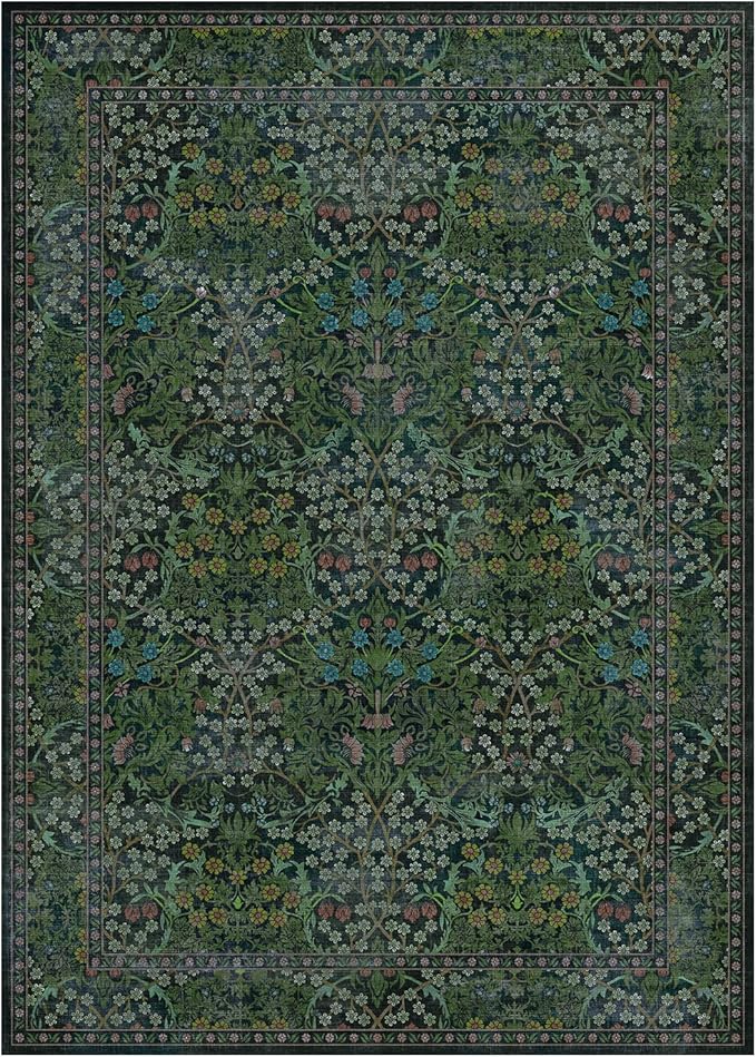 Lessymo Dining Room Rugs for Under Table, 6x9 Washable Forest Green Oriental Area Rug for Living Room, Non Slip Low Pile Carpet for Bedroom, Stain Resistance Vintage Floral Design Decor