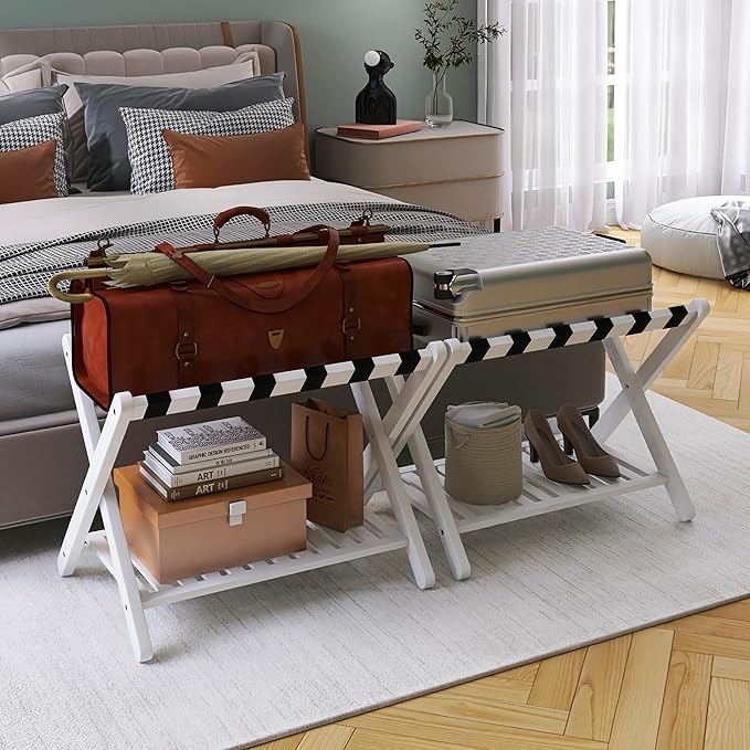 SMIBUY Luggage Rack, Set of 2, Foldable Bamboo Suitcase Stand with Storage Shelf for Guest Room, Bedroom, Hotel, Heavy-Duty (White)