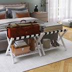 SMIBUY Luggage Rack, Set of 2, Foldable Bamboo Suitcase Stand with Storage Shelf for Guest Room, Bedroom, Hotel, Heavy-Duty (White)